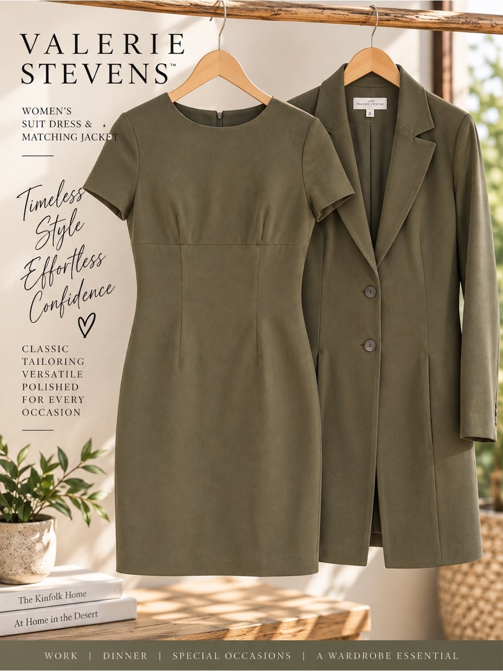 Valerie Stevens 4P Olive Green Dress Long Jacket 2 Piece Suit Set